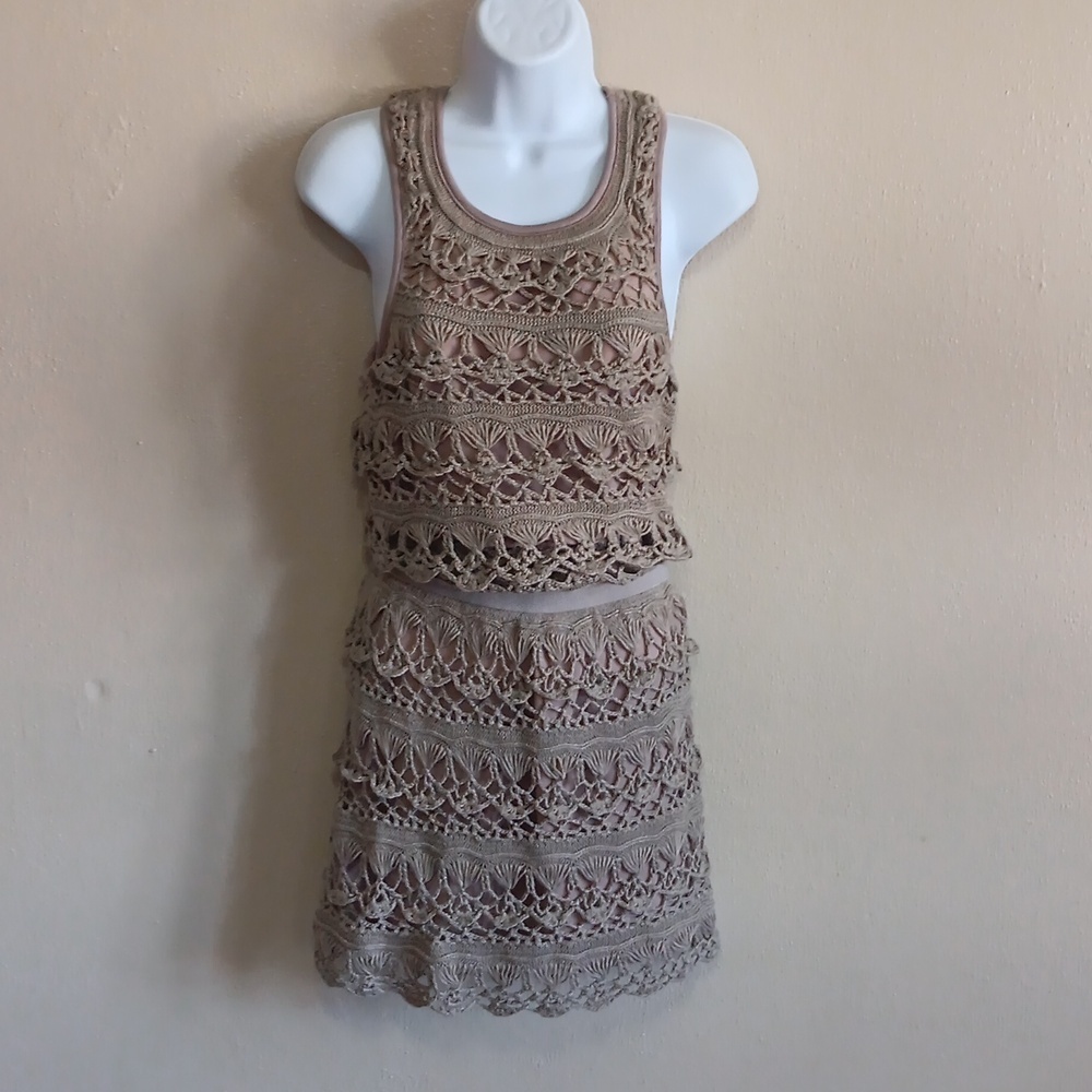 Crocheted Boho Tank Dress Beige Summer Mini Women's Small Bohemian Macrame